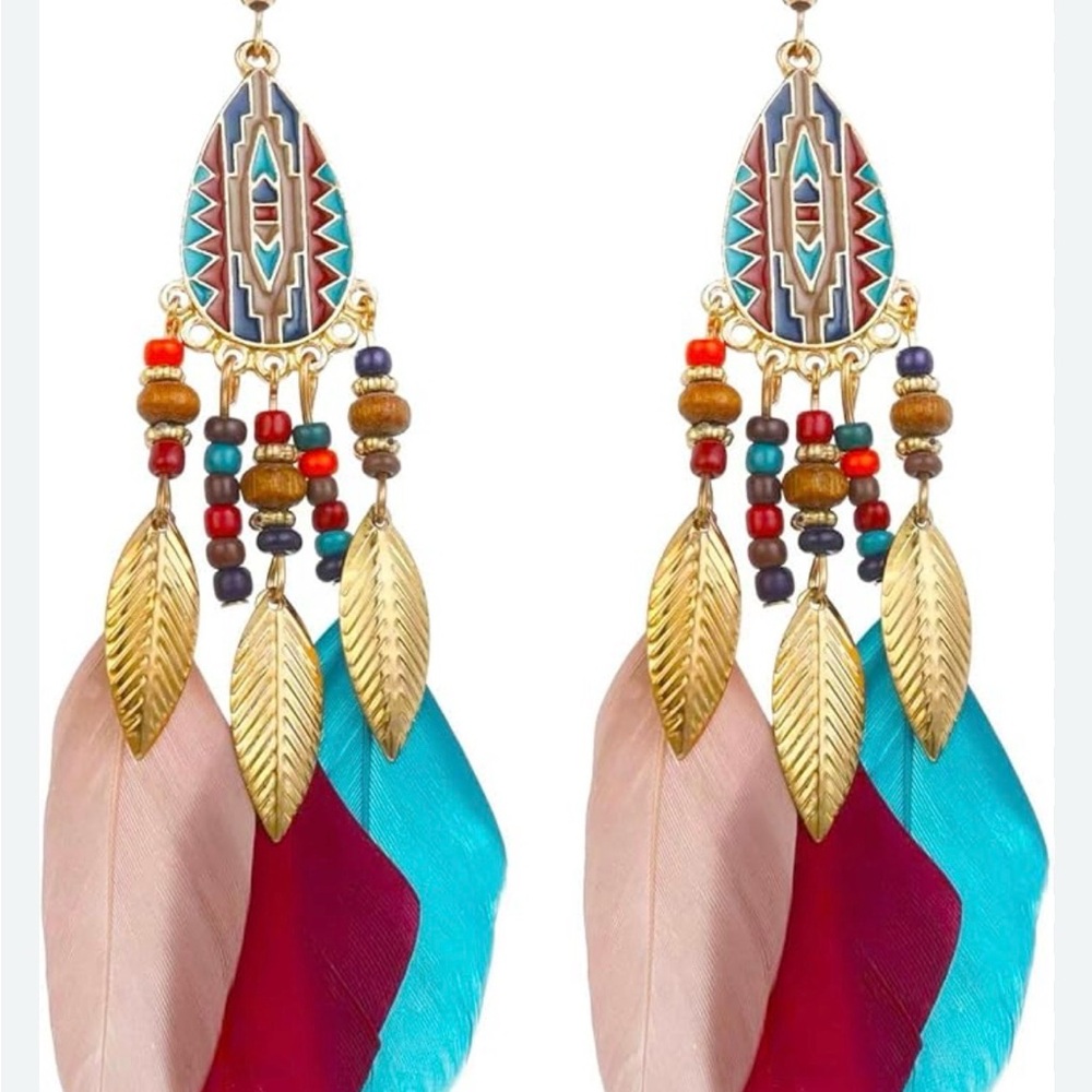 Boho Feather Dangle Earrings Southwestern Aztec Beaded Statement Jewelry NEW - Picture 3 of 6